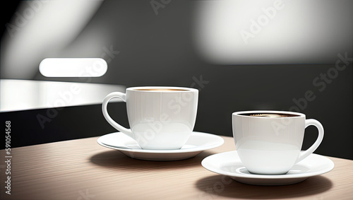 Two white ceramic coffee cups on a wooden table Generative AI