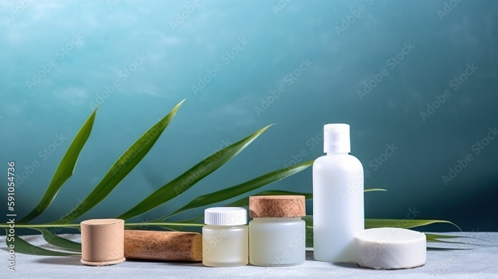 Set of cosmetic products. Bamboo palm thin leaf, soft blue background. Mockup for logo or text.Generative ai. .