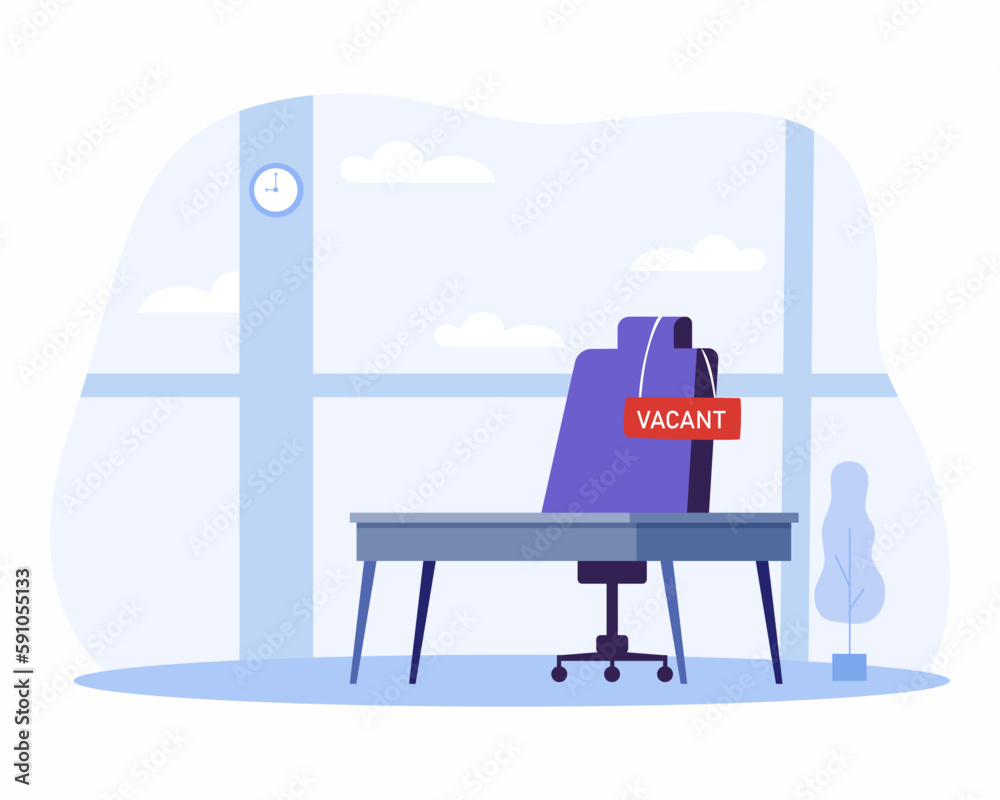 Workplace in the office with an empty chair and a vacancy sign, hiring and recruiting concept.