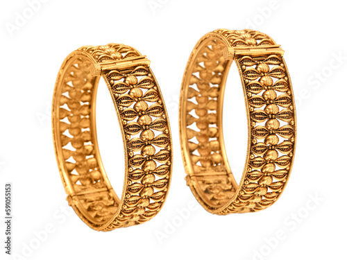 Indian design gold bangle isolated on white background, antique gold bangles
