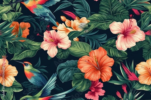 Seamless Hummingbird background pattern and blooming hibiscus. Generative AI illustration. © Anastasia