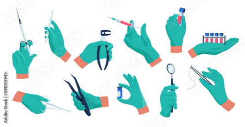 Doctor hands. Medical worker in sterile rubber gloves with syringe and therapeutic tools, healthcare vaccination disease treatment concept. Vector set