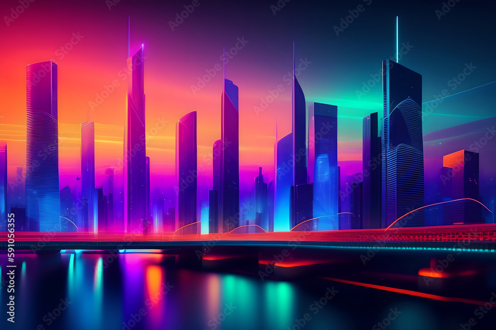 Neon modern city, rich, bright, abstract, made by Ai