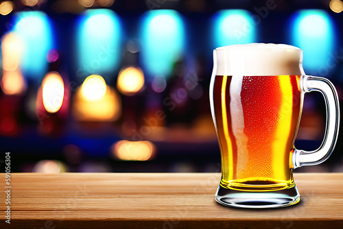Beer in a glass mug with blur bar background, Generative AI