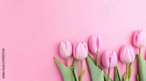 Spring flowers bouquet of tulips on pink background top view in flat lay style. Greeting for Womens or Mothers Day or Spring Sale Banner. Generative AI