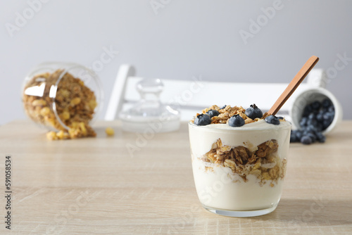Tasty and nutritious breakfast concept - muesli with yogurt