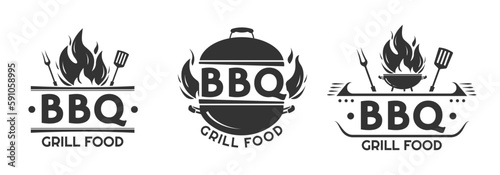 BBQ logo or icon set. Grill food label with fire flame. Barbecue restaurant emblem vintage design. Vector illustration.