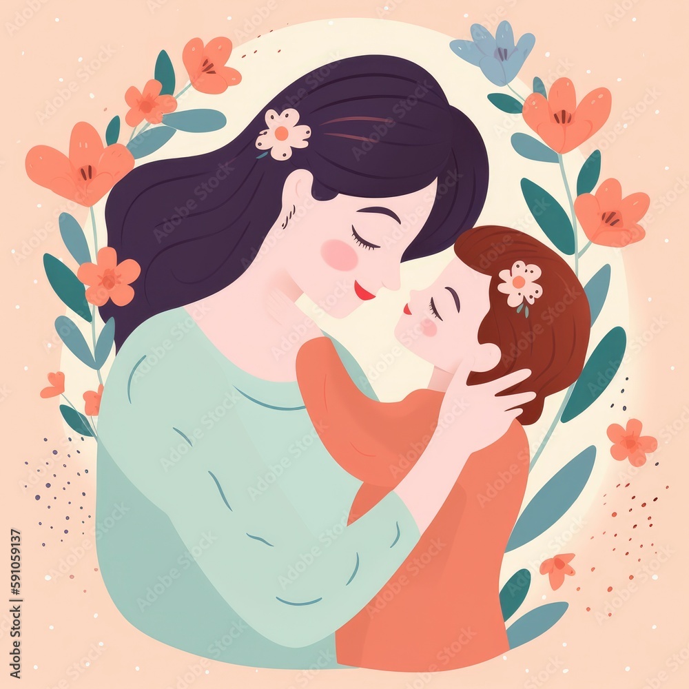 A mother and her baby are hugging each other. Flat Illustration. Children's Book. Happy Mothers Day Generative AI