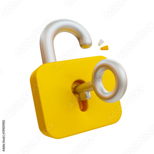 3d minimal data security system. private data accessing. unlocked padlock with key. 3d illustration.