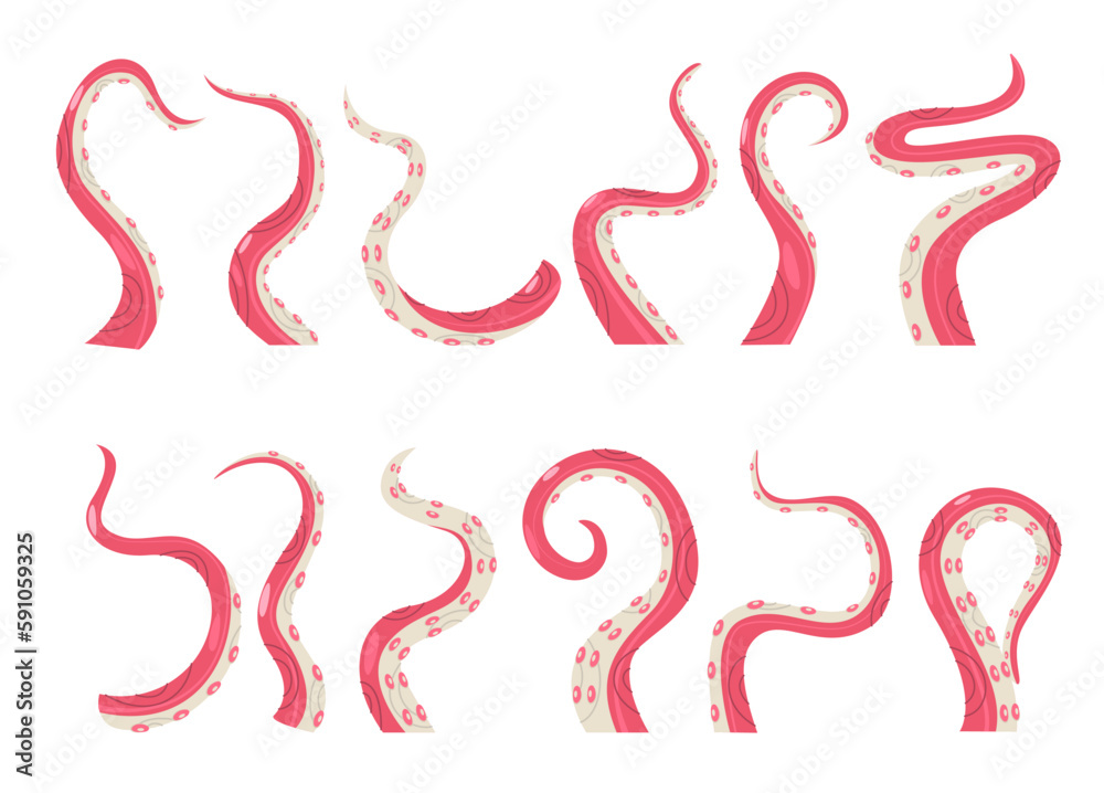 Octopus tentacles collection. Funny cartoon cephalopods in different poses, colorful and playful illustration. Vector sea creature graphic set Octopus tentacles collection. Funny cartoon cephalopods in different poses, colorful and playful illustration. Vector sea creature graphic set