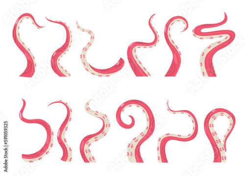 Octopus tentacles collection. Funny cartoon cephalopods in different poses, colorful and playful illustration. Vector sea creature graphic set