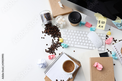 Messy office workplace, workplace and workspace concept