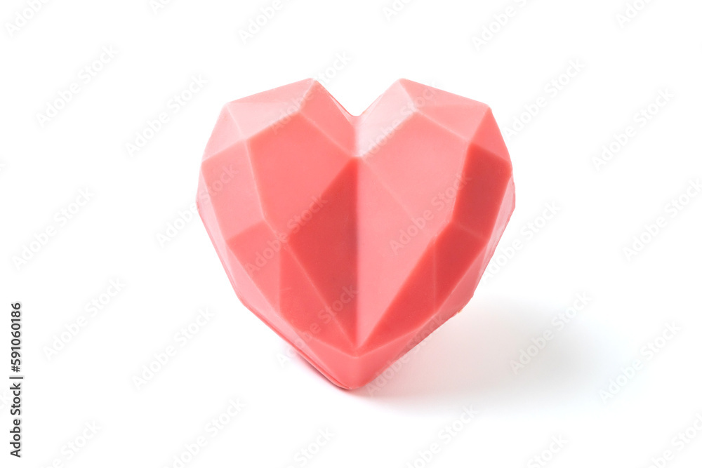 Love, Valentine's Day, Handmade Gifts. Symbolic low polygonal pink heart. Fragrant heart shaped soap with shadow. Isolated on white background Love, Valentine's Day, Handmade Gifts. Symbolic low polygonal pink heart. Fragrant heart shaped soap with shadow. Isolated on white background