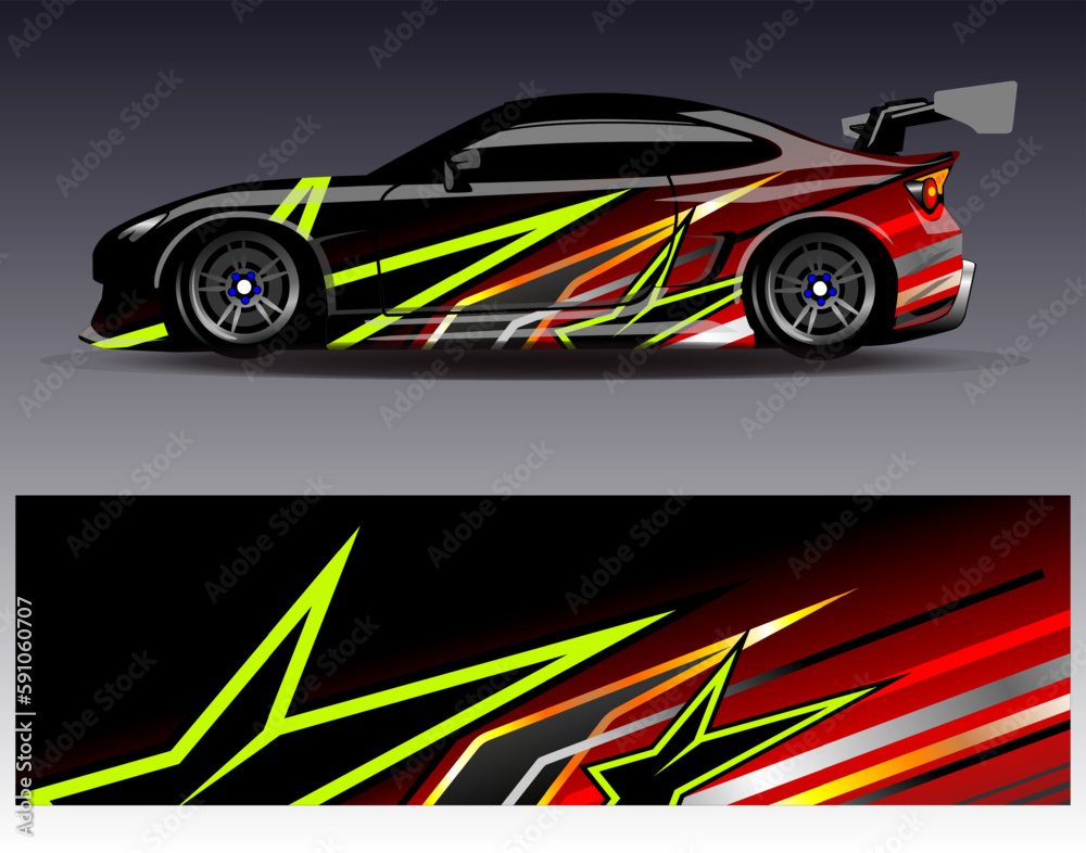 Car wrap design vector. Graphic abstract stripe racing background kit designs for wrap vehicle race car rally adventure and livery Car wrap design vector. Graphic abstract stripe racing background kit designs for wrap vehicle race car rally adventure and livery