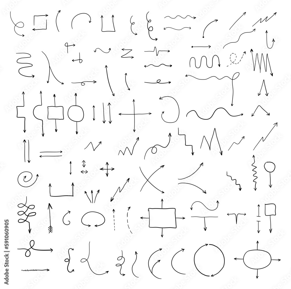 Hand drawn, freehand vector arrow set. Sketch style collection of arrow elements in various directions and shapes.