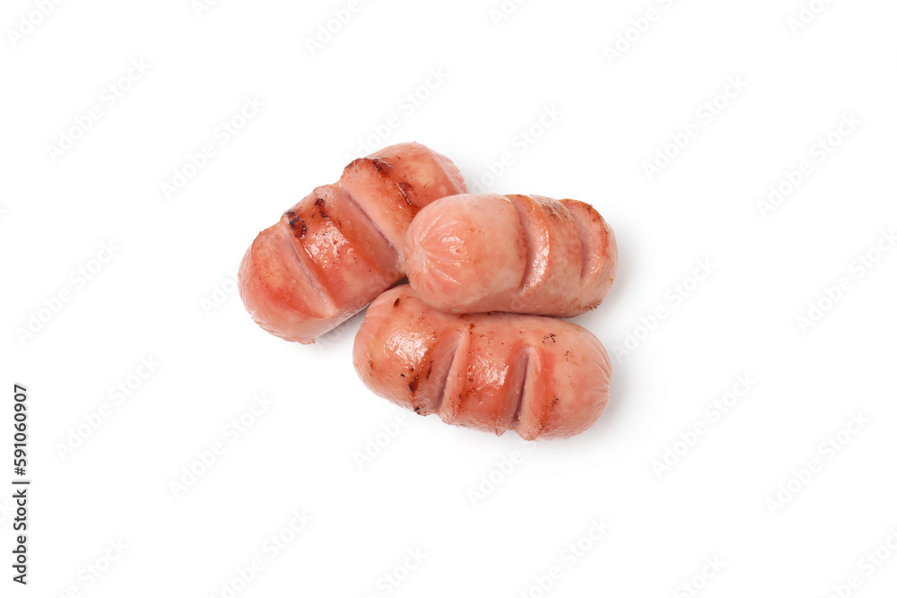 Concept of tasty food, grilled mini sausage, isolated on white background Concept of tasty food, grilled mini sausage, isolated on white background