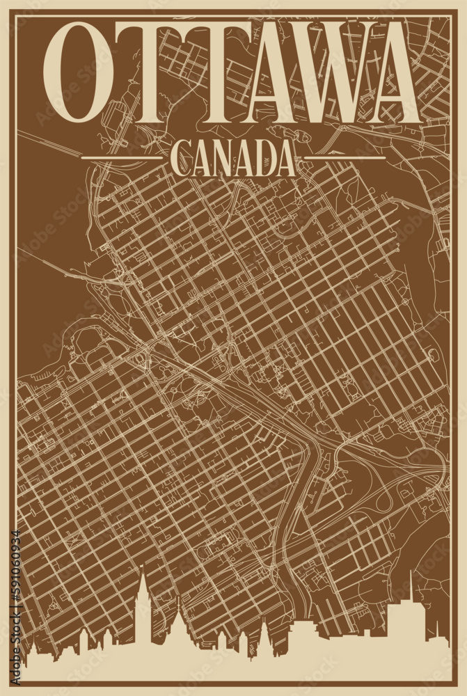 Colorful hand-drawn framed poster of the downtown OTTAWA, CANADA with highlighted vintage city skyline and lettering