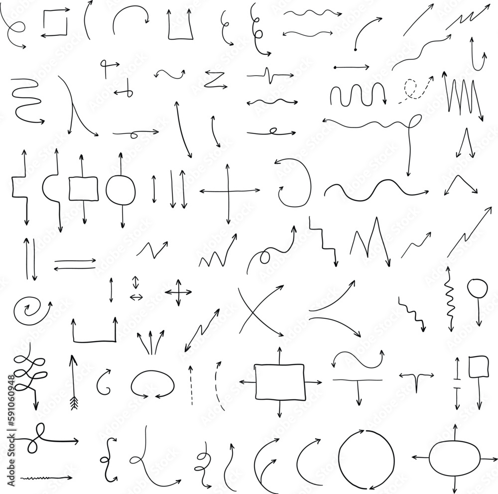 Hand drawn, freehand vector arrow set. Sketch style collection of arrow elements in various directions and shapes. Hand drawn, freehand vector arrow set. Sketch style collection of arrow elements in various directions and shapes.