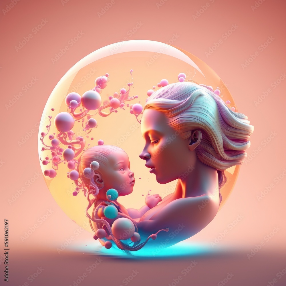 A 3d illustration of a woman and a baby with a glass ball in the background. Generative AI