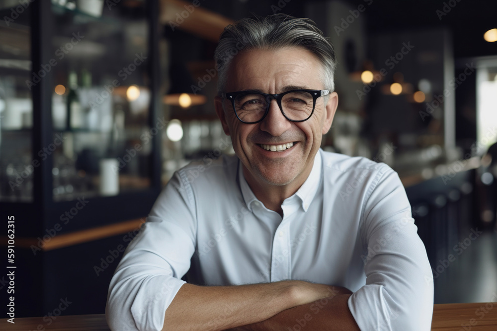 Smiling mature male in a cafe. AI Smiling mature male in a cafe. AI