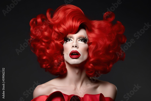 Portrait of drag queen wearing a red wig. AI