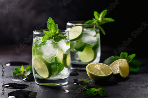 Mojito cocktails with lime and mint. AI