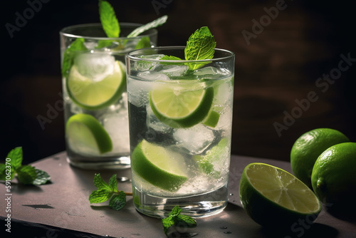 Mojito cocktails with lime and mint. AI