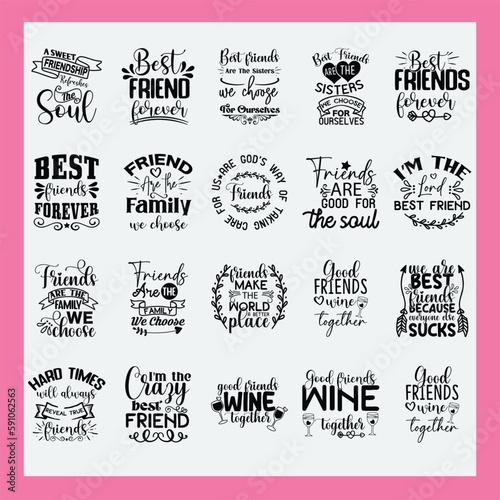 Friendship Black Typographic Bundle on White Background. 20 Print Ready Designs and Graphics for Apparel or Clothing Business.