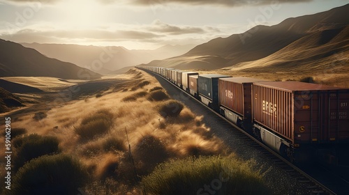 Freight train on a scenic landscape shipping large containers photo