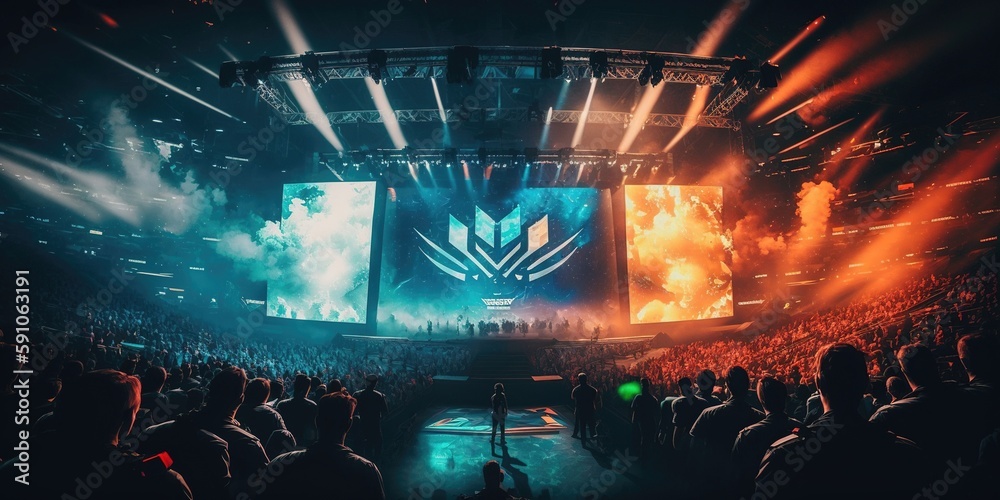 Esports arena, filled with cheering fans and colorful LED lights