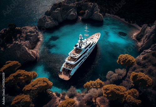 Aerial view of luxury yacht and mediterranean island paradise created with generative AI