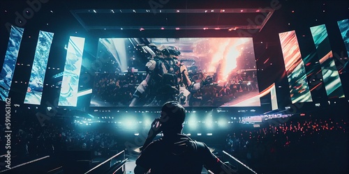 The sound engineer adjusts the sound, big stage. Global conference, big event. Big arena with many people, big stage, concert hall, E-sports arena. Generative AI photo