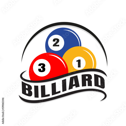 Billiards Championship Sport badge design logo and simple text, billiard room or billiard club and team, billiard ball black, billiard ball red, billiard ball yellow, icon, symbol, template