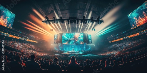 E-sports arena, filled with cheering fans and colorful LED lights. Players compete on a large stage in front of a massive screen. Big arena with many people, big stage, concert hall. Generative AI photo
