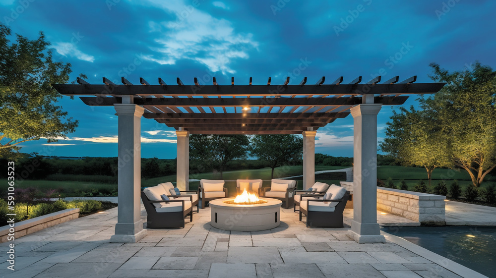 Relaxing Retreat: Cozy Backyard with Fire Pit and Pergola Seating, Generative AI Relaxing Retreat: Cozy Backyard with Fire Pit and Pergola Seating, Generative AI