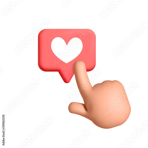 3d vector plastic render hand click or touches or gives like on social media online platform on mobile app symbol design