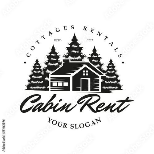 Wooden vintage cabin and pine forest design inspiration in circle vector isolated logo design. Outdoor adventure