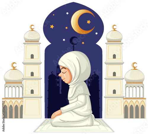 Arab Muslim Girl Praying with Crescent Moon