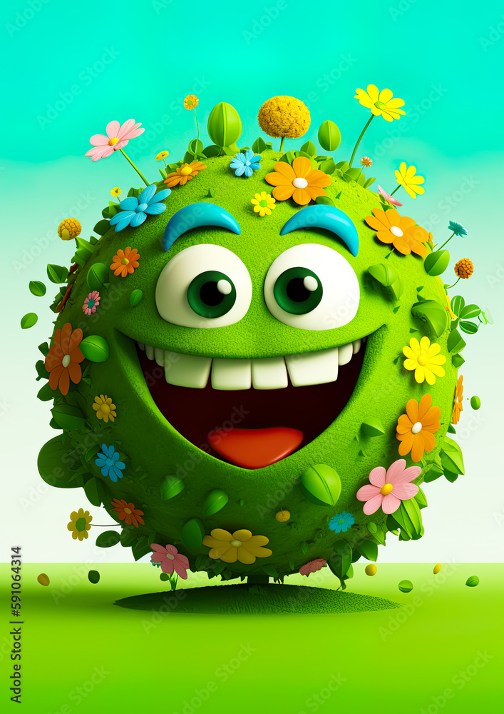 Earth Day. Green planet earth with eyes and mouth, Happy and smiling. Covered in plants and flowers. Ai generative Earth Day. Green planet earth with eyes and mouth, Happy and smiling. Covered in plants and flowers. Ai generative