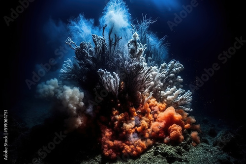 A fascinating, underwater volcanic vent, spewing mineral-rich plumes into the surrounding water, attracting a diverse and unique array of deep-sea creatures and organisms. Generative Ai
