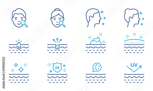 Skincare Line Icon Set. Dermatology Medical Skin Care for Man and Woman Linear Pictogram. Beauty Facial Skin Examination Outline Icon. Editable Stroke. Isolated Vector Illustration