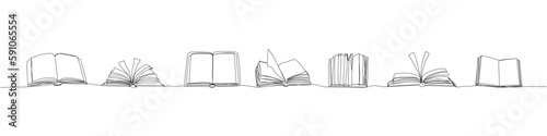 A set of several open books in different angles one line art. Continuous line drawing of book, library, education, school, study, literature, paper, textbook, knowledge, learn, page, reading