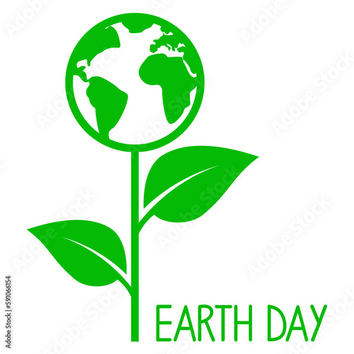 Logo con mapa de la tierra con forma de planta con hojas con letras palabra Earth Day