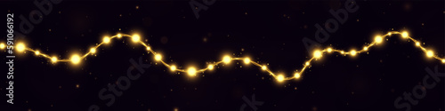Magic golden Christmas garlands string. Sparkle lamps for Xmas banner. Realistic shiny Christmas lights. Christmas background. © FlammaChe