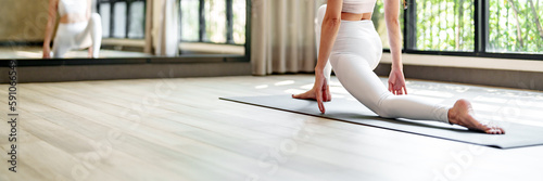 Fitness woman concentrate meditation yoga in studio. .