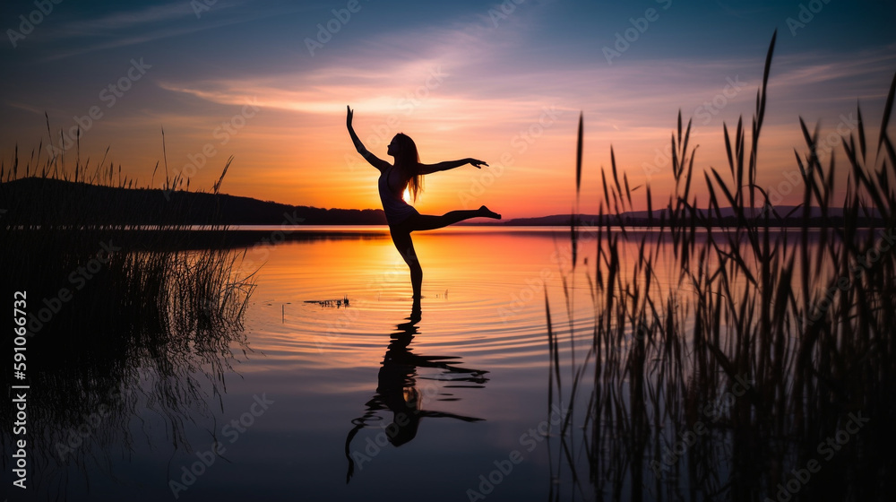 Fototapeta premium Silhouette of woman doing yoga poses at sunset on a lake, the sky burning - Generative AI