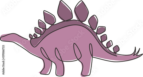 Single continuous line drawing of thorny tail stegosaurus for logo identity. Prehistoric animal mascot concept for dinosaurs theme amusement park icon. One line draw design graphic vector illustration