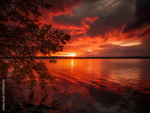 Burning sunset over a vast lake with massive clouds in the sky - Generative AI © Luca
