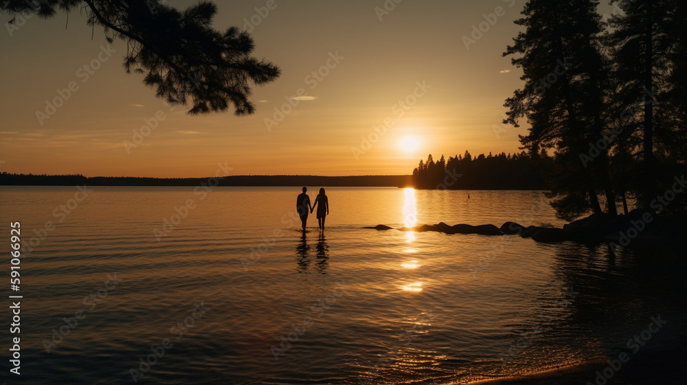 Fototapeta premium Romantic photo of a couple walking towards a lake at sunset - Generative AI