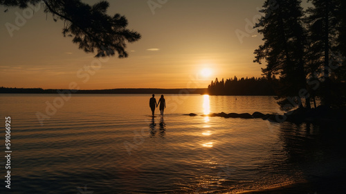 Romantic photo of a couple walking towards a lake at sunset - Generative AI © Luca